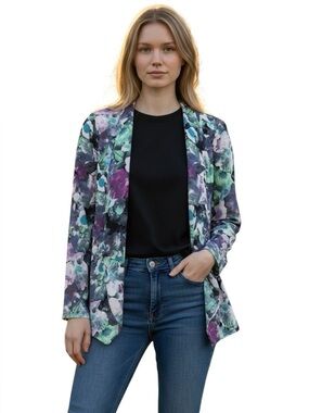 ASTR OPEN DRAPEY LIGHTWEIGHT CARDY FLORAL WATERCOLOR BLUE GREEN PINK BLAZER XS